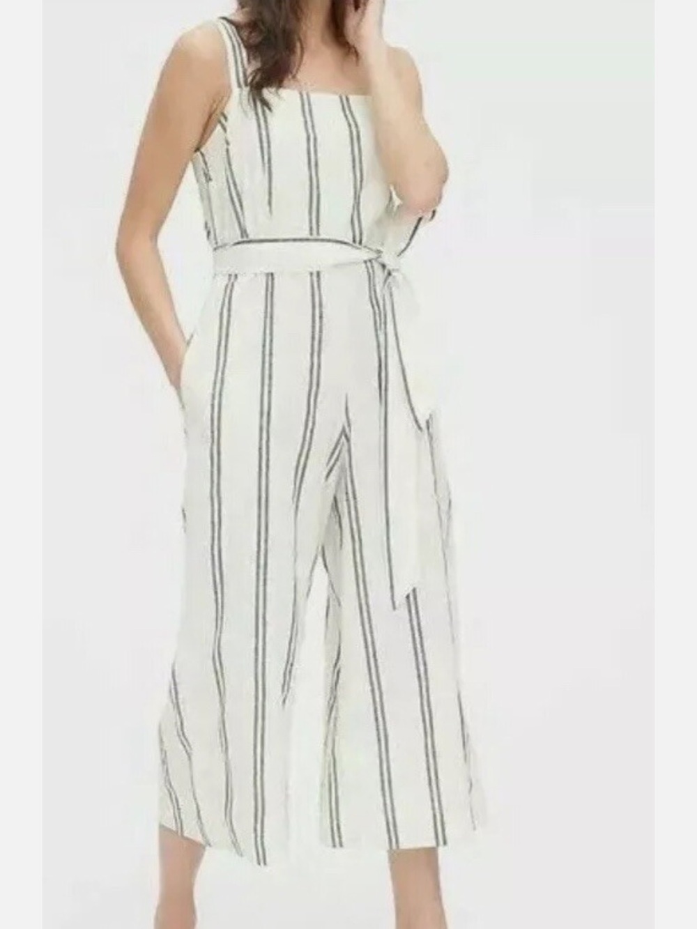 GAP White Jumpsuit with Black Vertical Stripes and Tie Waist - Picture 1 of 10